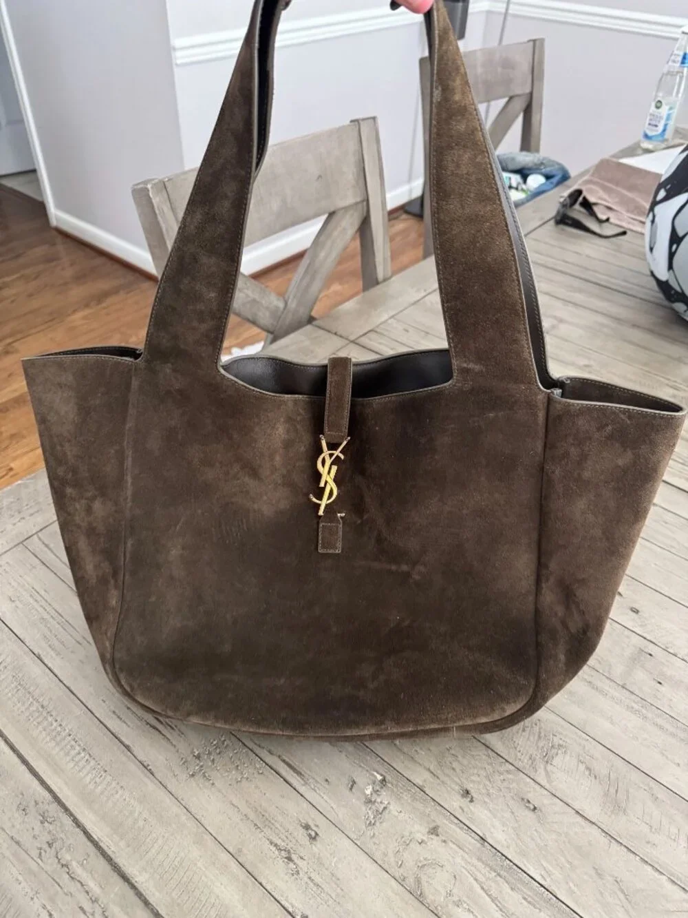 SAINT LAURENT LE 5 À 7 BEA Suede Tote Shoulder Bag Musk Brown Gold - Picture 4 of 14